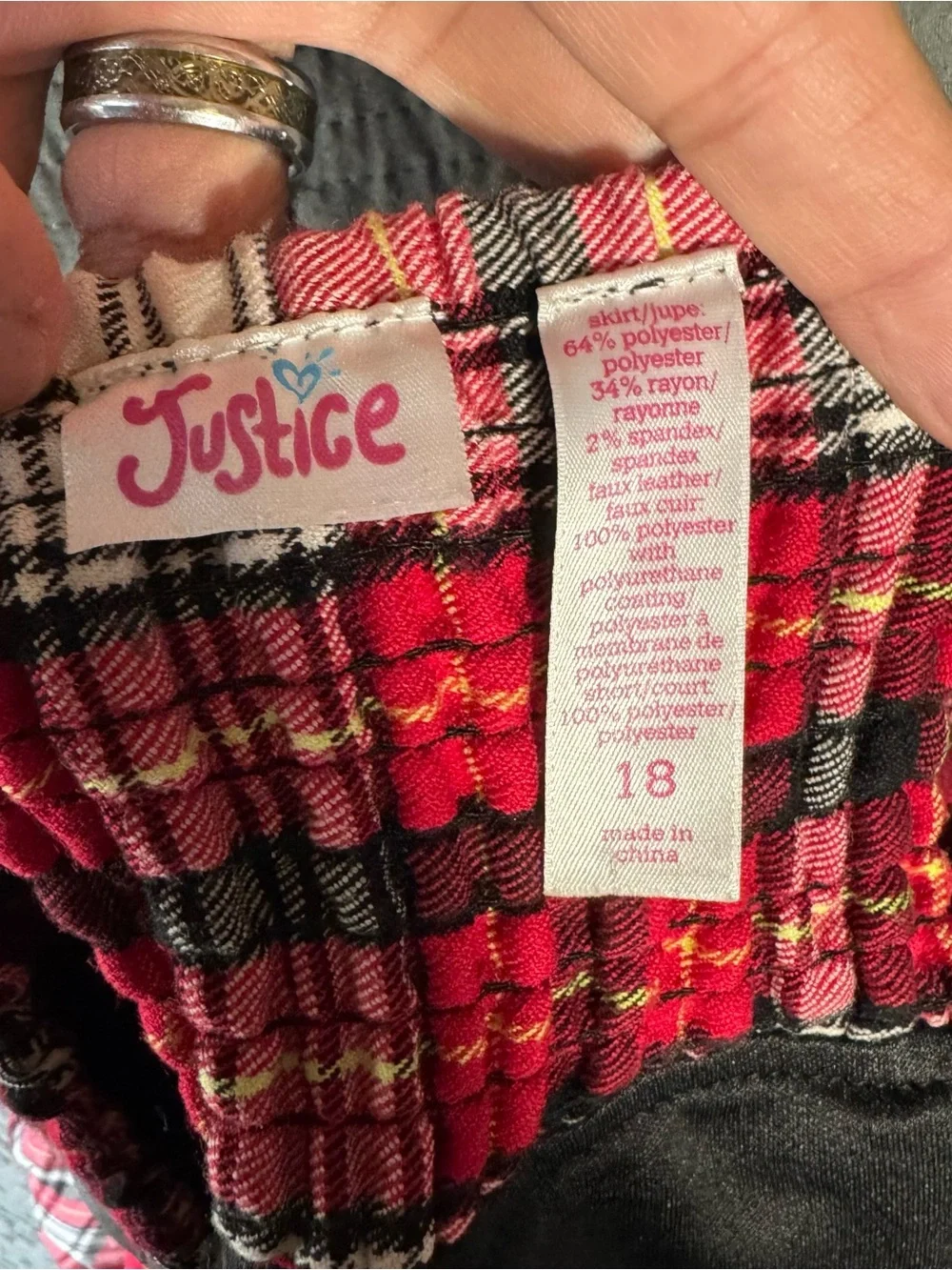 Justice Girls Plaid Pleated Skort Skirt Size 18 Red Black Studded Faux Leather